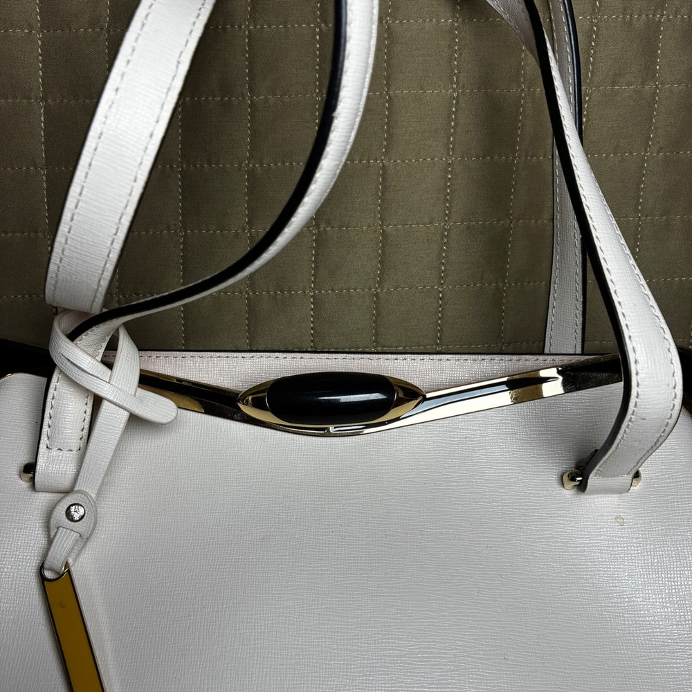 Cromia Italy Leather Handbag White Brown Satchel Frame Bag Saffiano - Picture 6 of 8